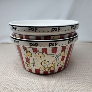Everyone Loves Popcorn Ceramic Bowls Set Of 2 Movie Night Hand Painted Crafted